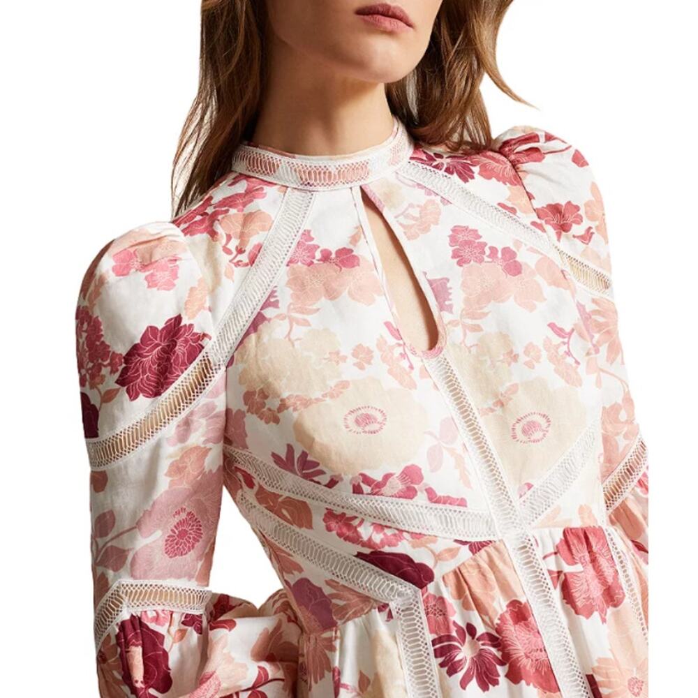 Ted Baker Denissa Linen Floral Midi Dress Pink Lace Cut Out Bishop Sleeve US 6 - Picture 2 of 15